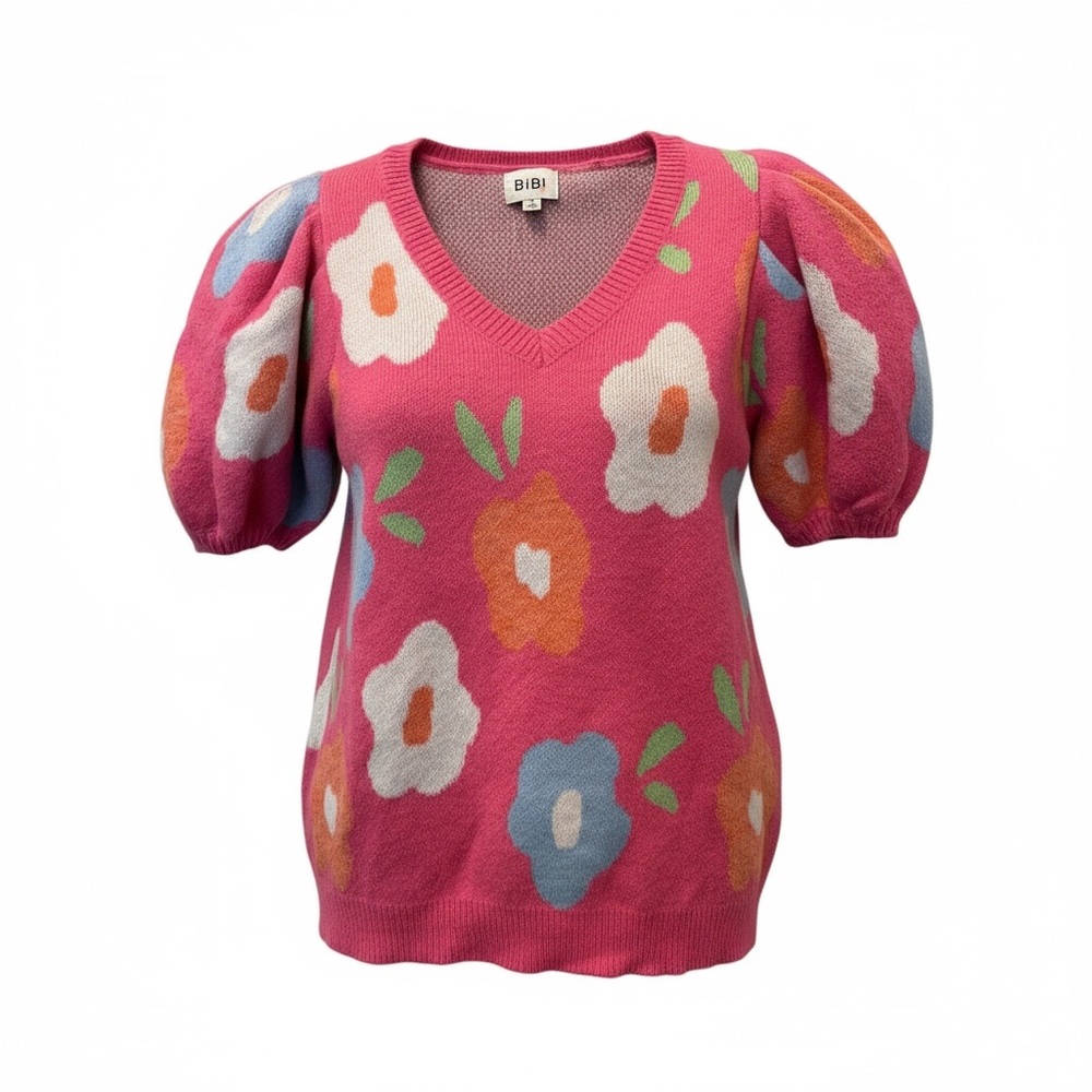 BiBi Pink and White Knit Sweater with Puff Sleeves